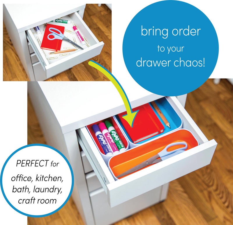 Three by Three Seattle 4 Piece Metal Organizer Tray Set for Storing Makeup, Stationary, Utensils, in Office Desk, Kitchen and Bathroom Drawers (2 Inch, Berry, Sunset, Blue, Stripes) - Image 4